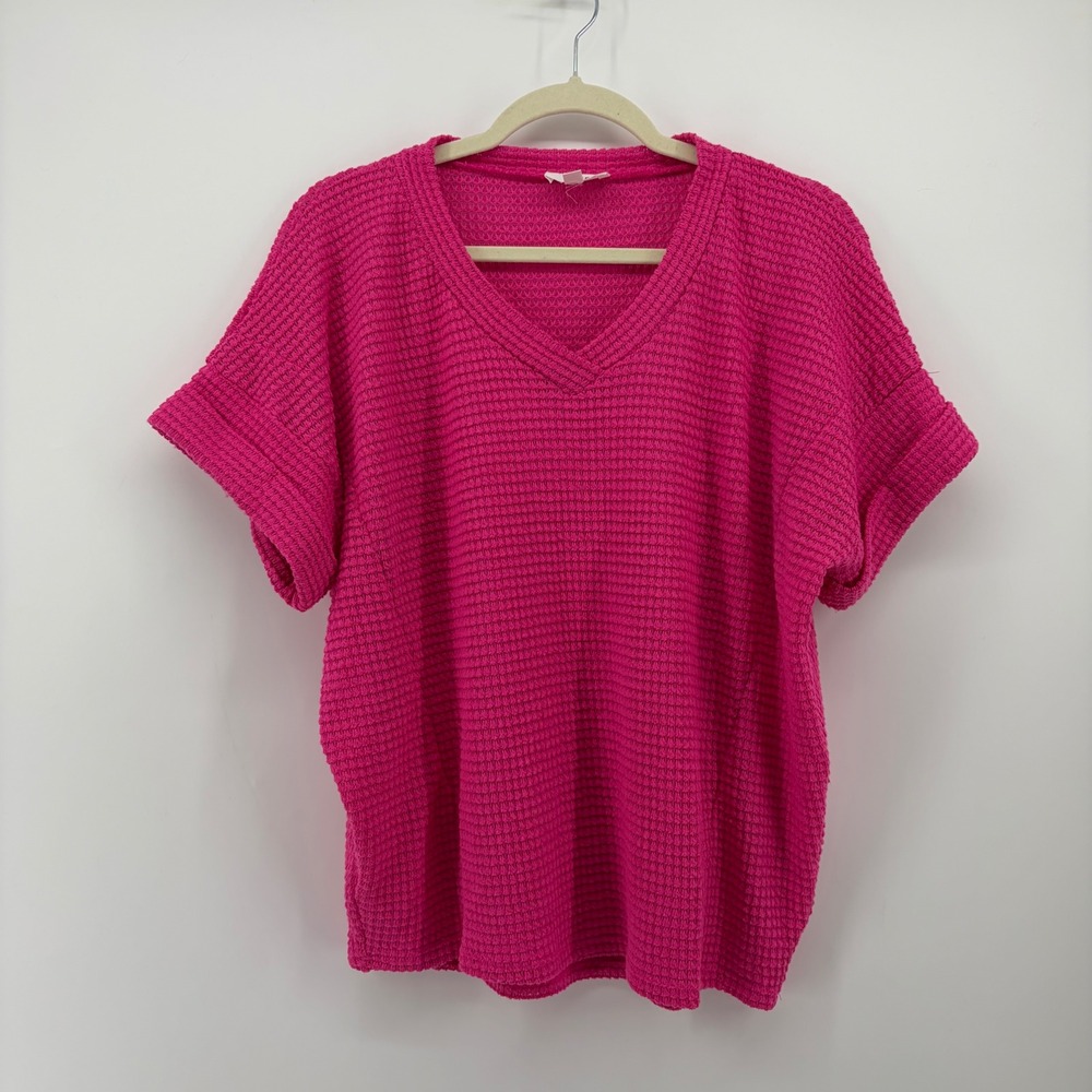 Andree By Unit Womens Small Hot Pink Waffle Knit V-Neck Cuffed Sleeve Top MHS26